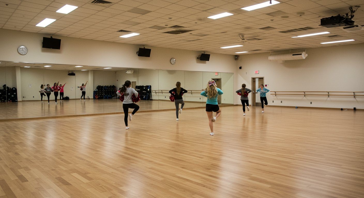 広々としたダンススタジオでのチアダンスレッスン風景